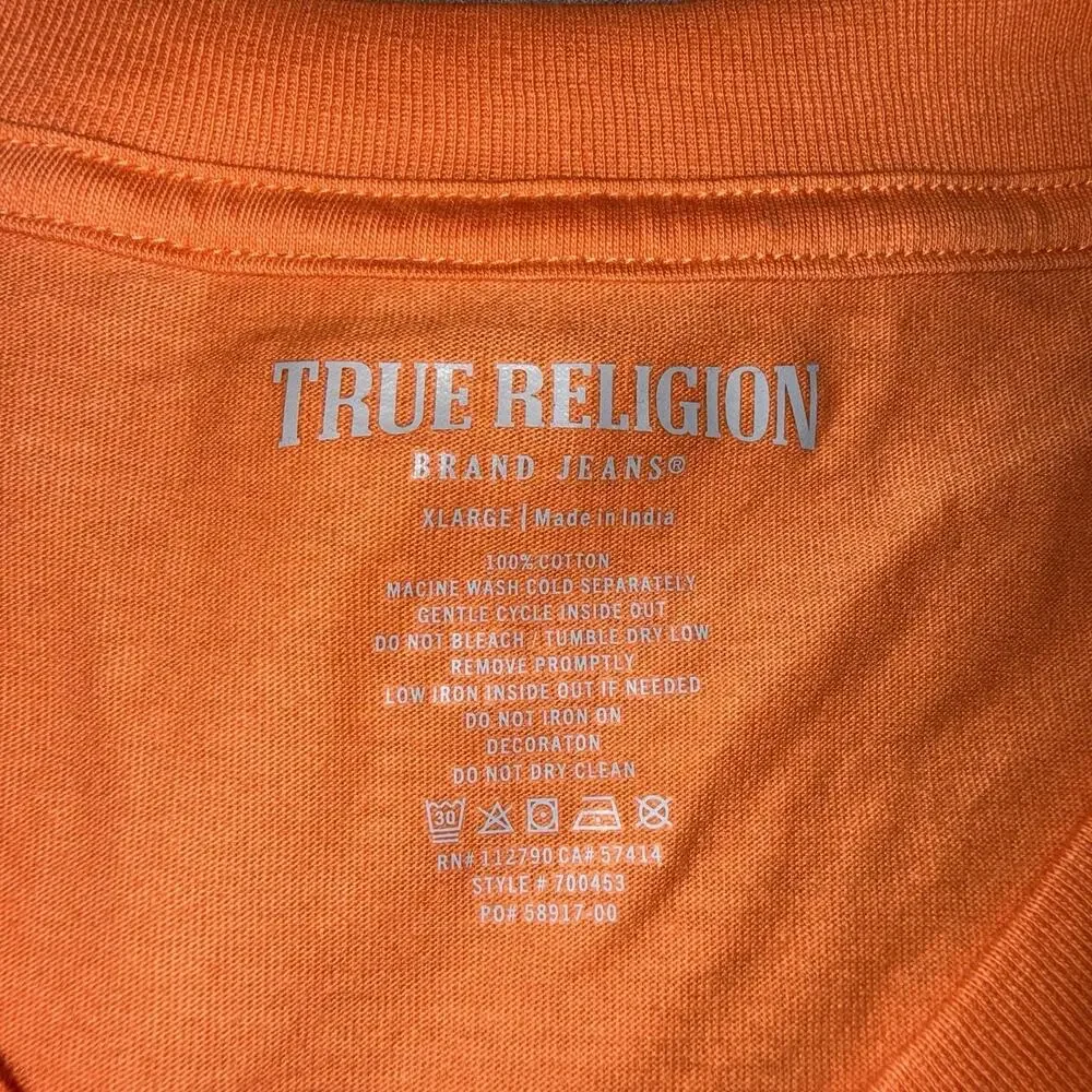 True Religion Buddha Denim Fill Tee Graphic Logo SS Crew Neck T-Shirt Orange XL